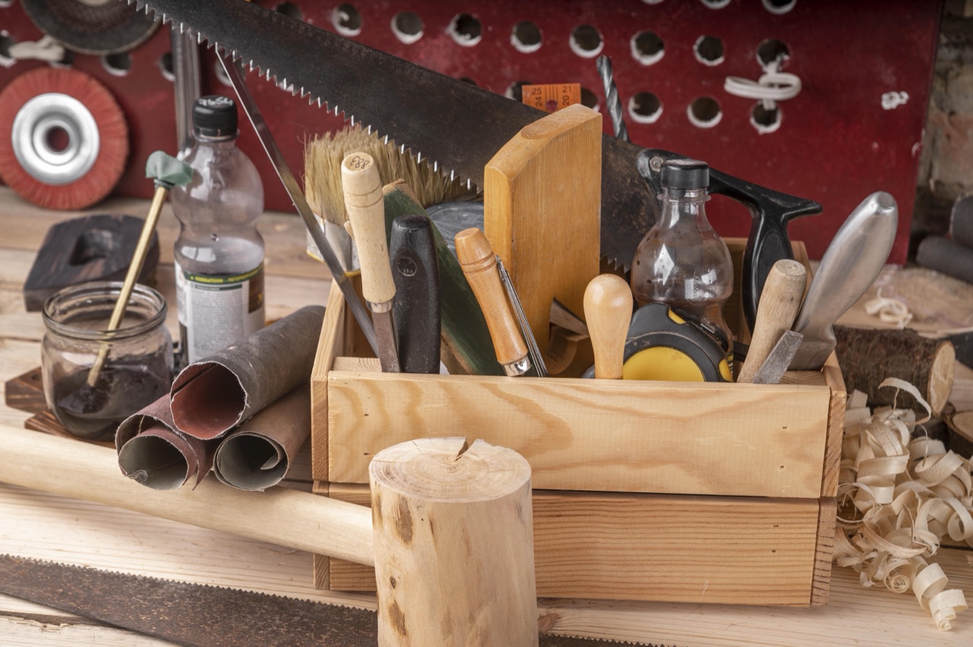 Woodworking hand tools arranged on a workbench