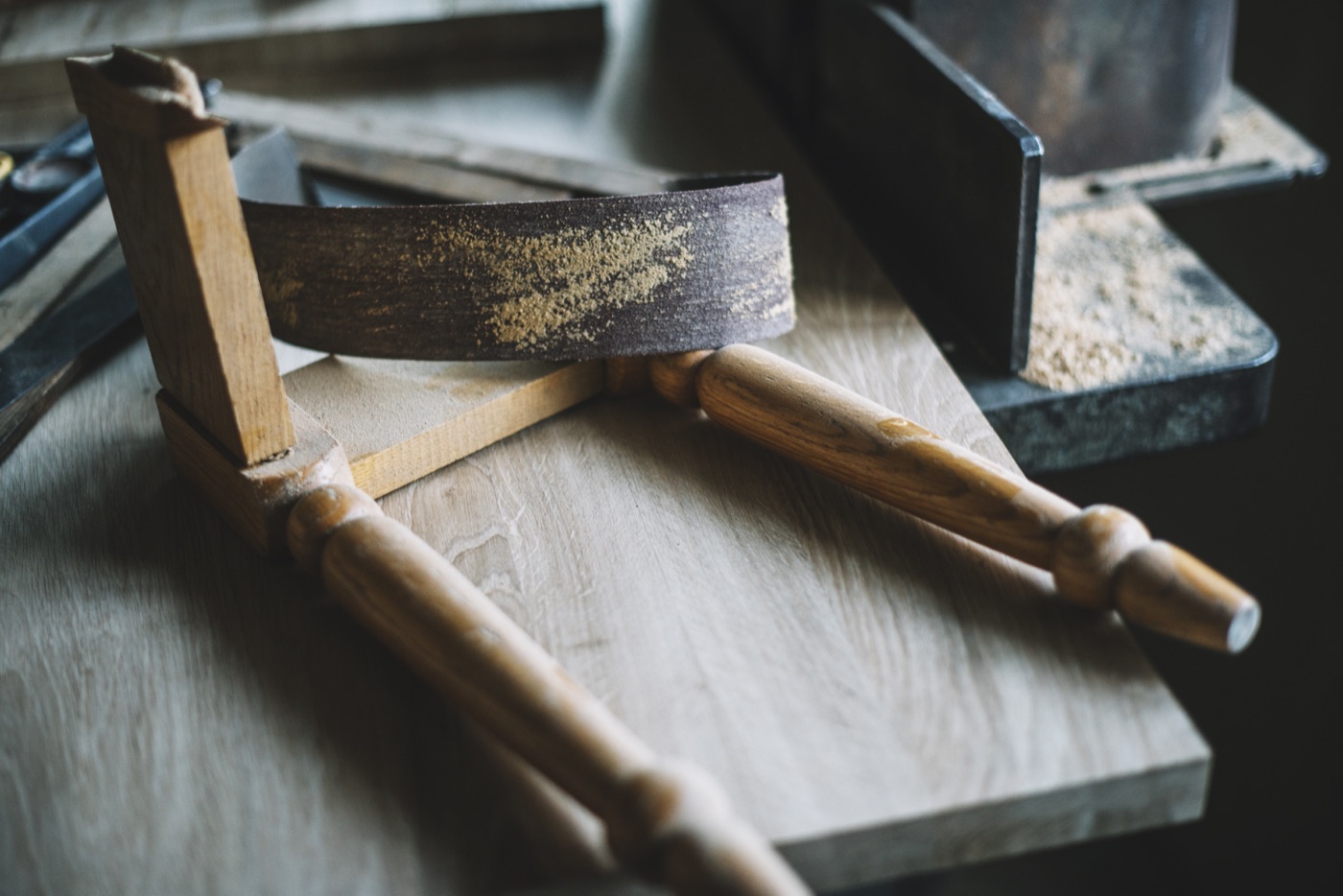 Hand tools on a woodworking bench