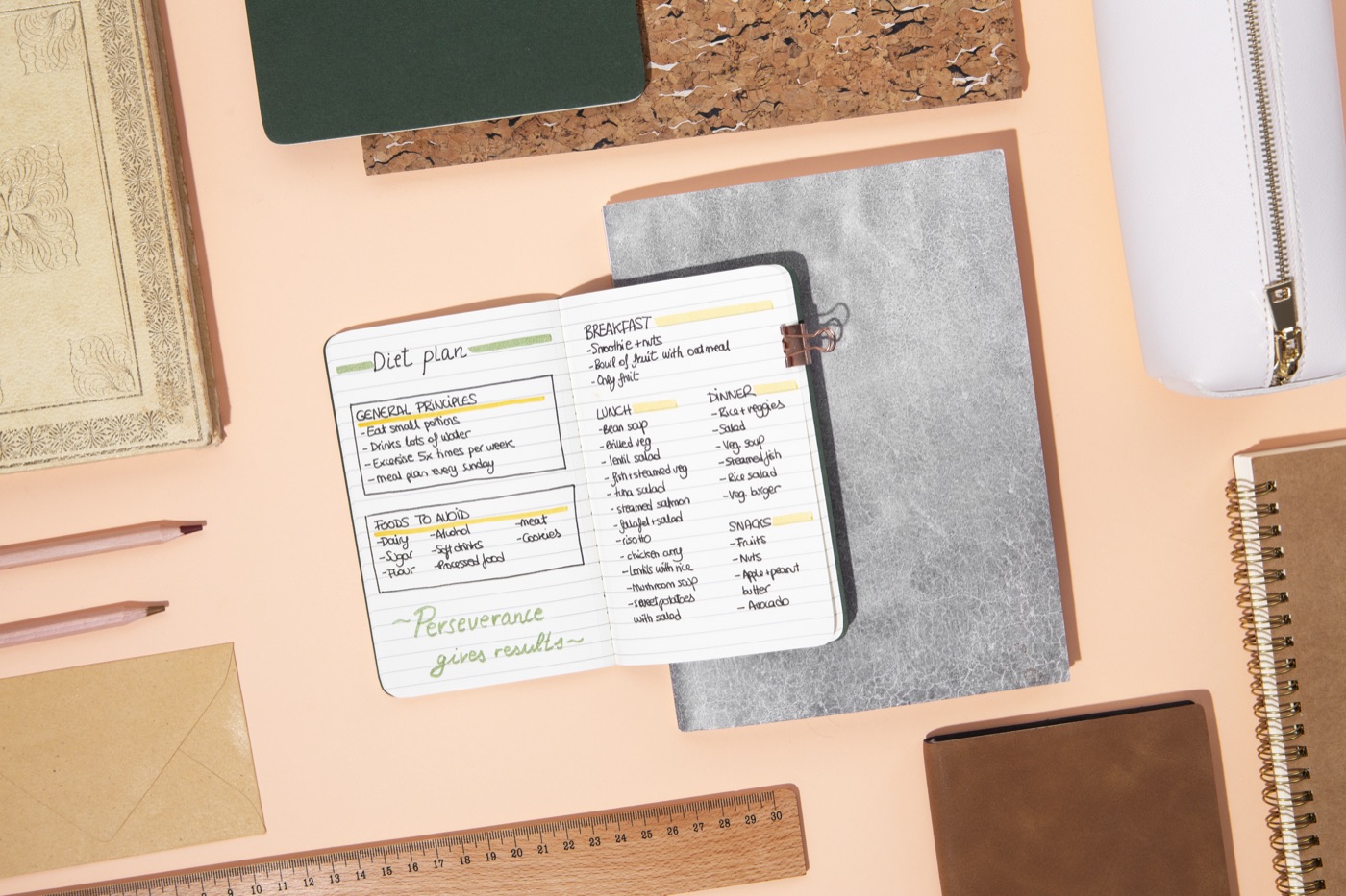 Bullet journals arranged for planning